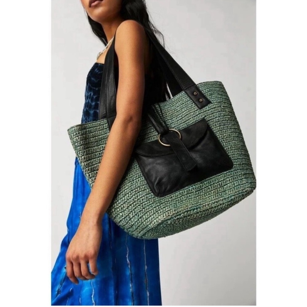 Free People Woven Green Tote with Black Accents